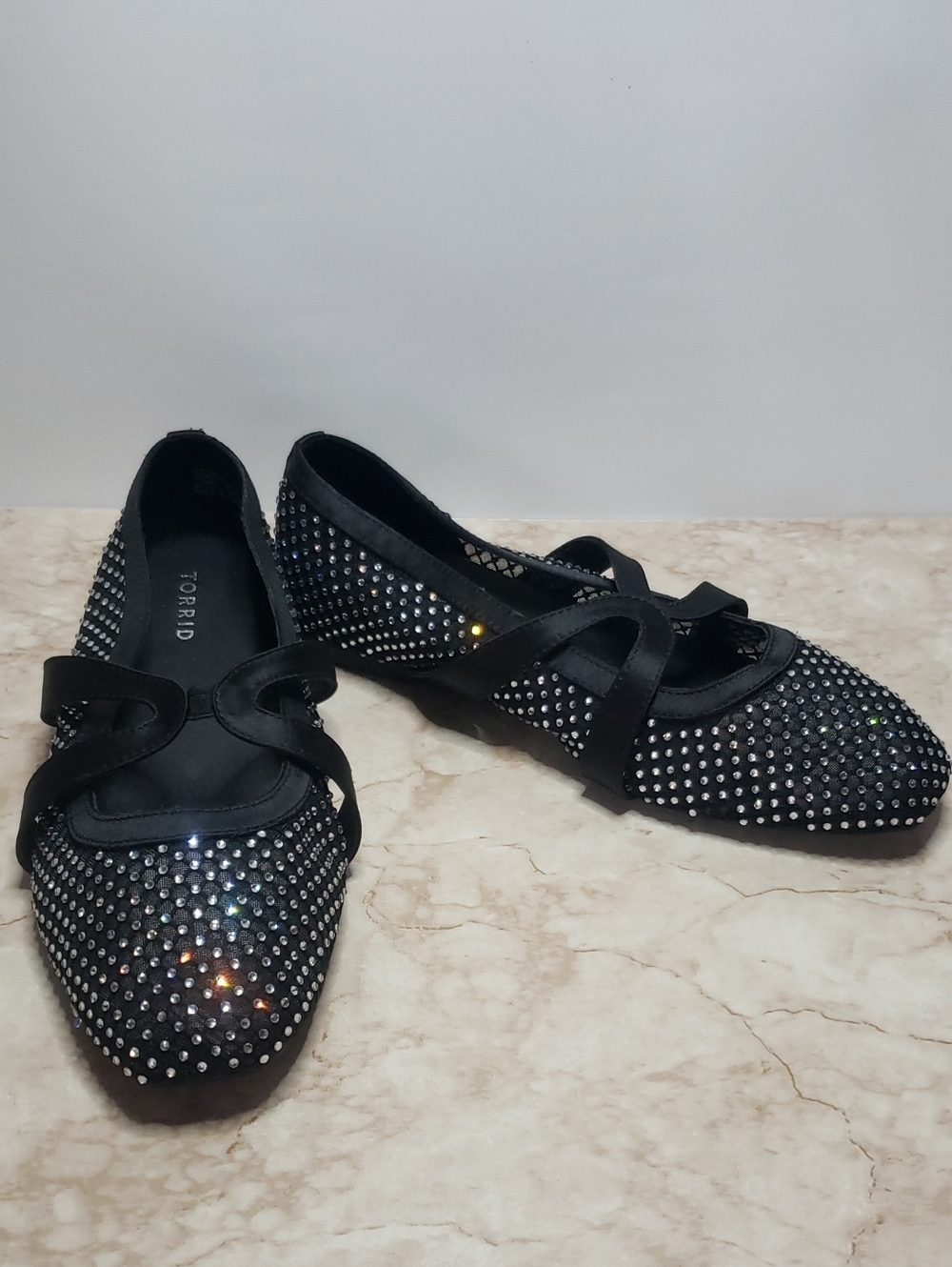 Torrid Black Crystal-Embellished Pointed Flats with Crisscross Strap  Size 10WW